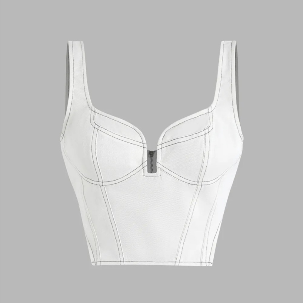 Cider white denim crop top with black stitching